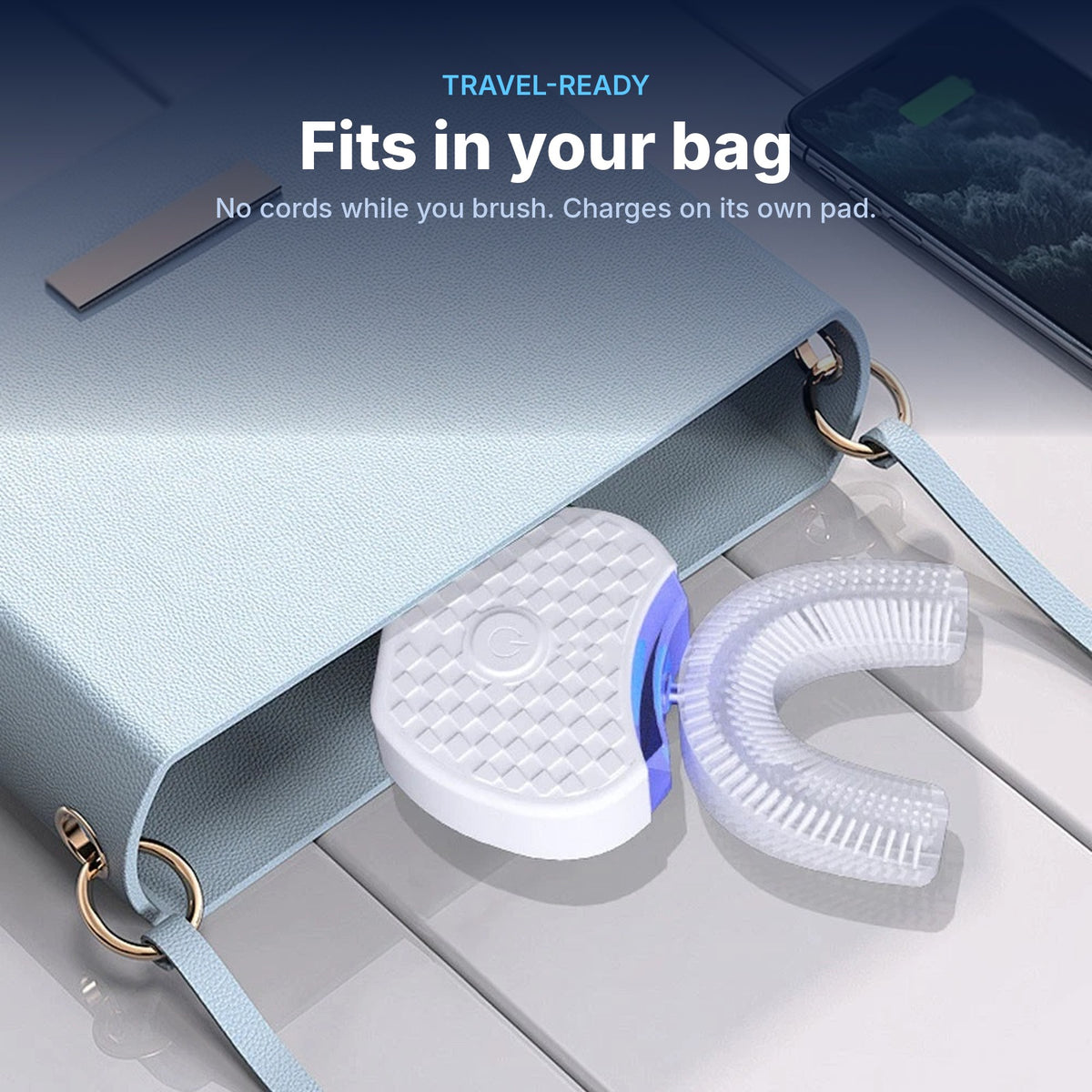 Compact U-shaped toothbrush fits in a handbag for travel