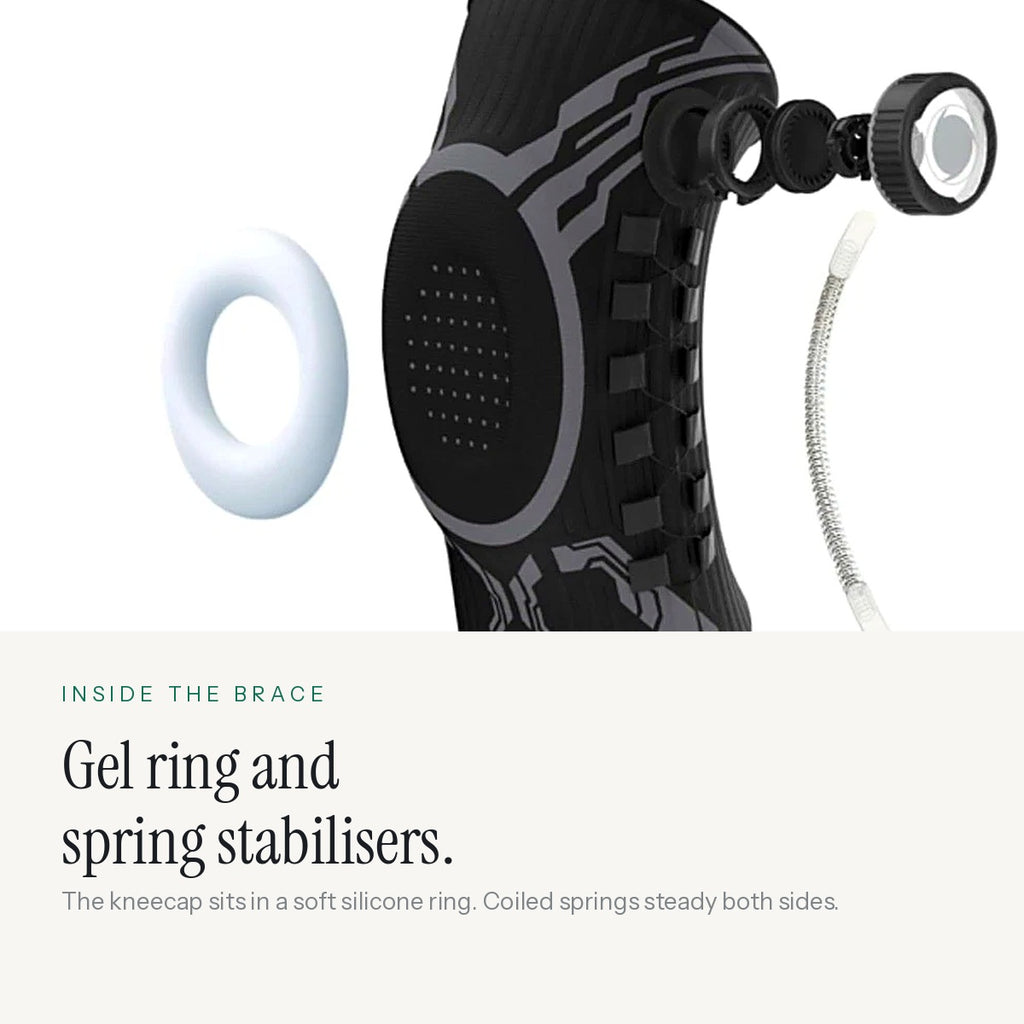 Silicone patella gel ring and coiled spring side stabilisers