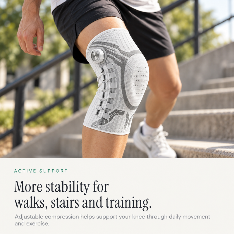 Adjustable knee support for walking stairs and training