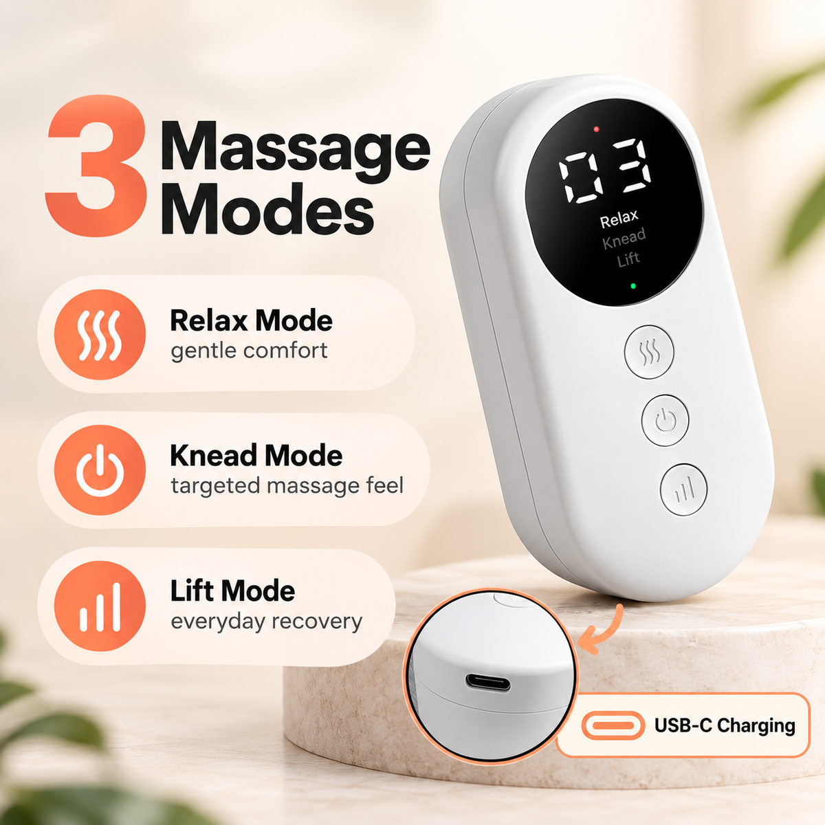 Three massage modes with USB-C charging