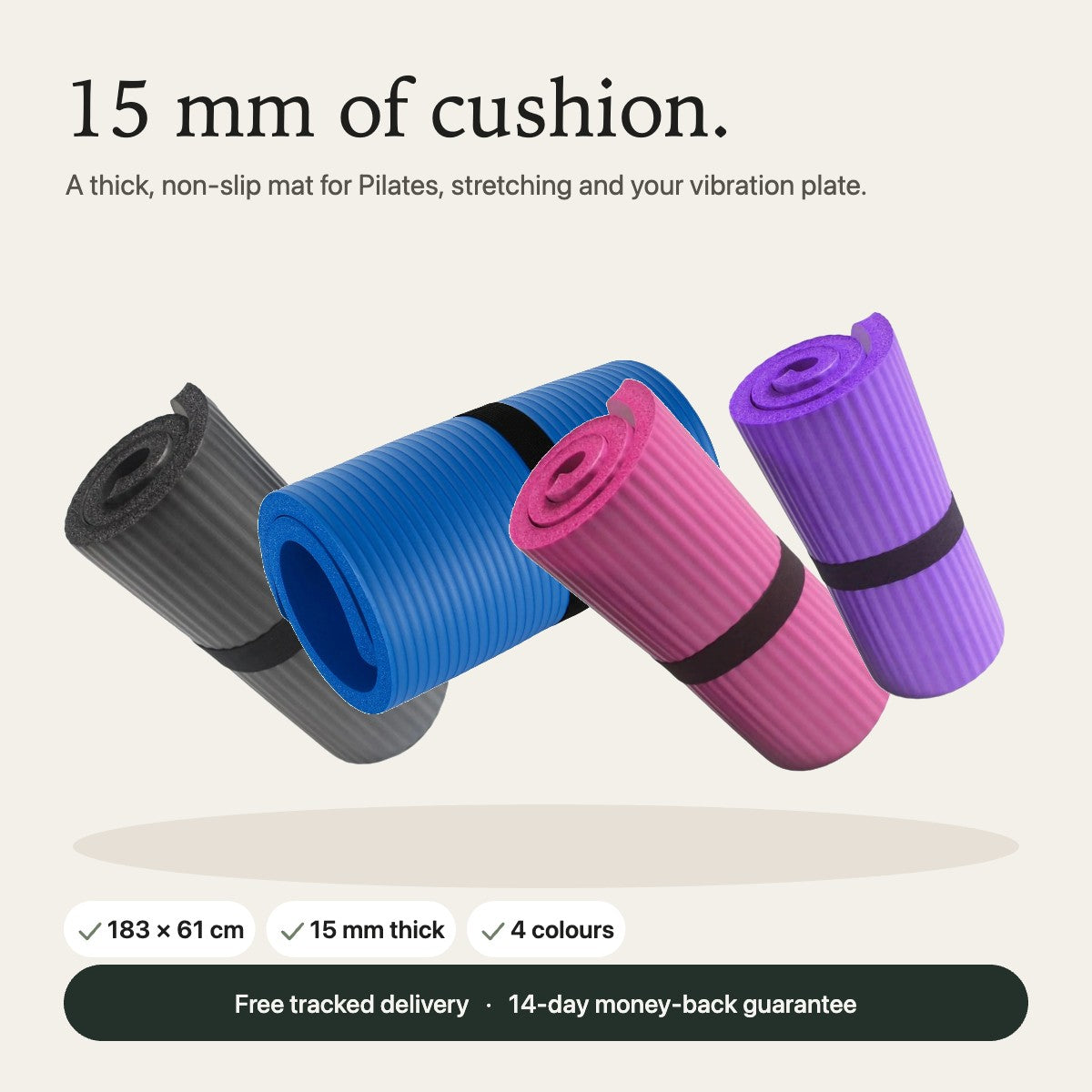Thick yoga mat in black, blue, pink and purple